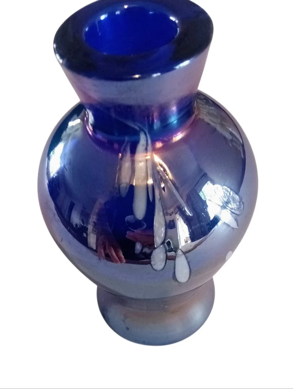 Cobalt Blue Art Glass Vase Distinct Iridescent Sheen White Drip Feather Accents